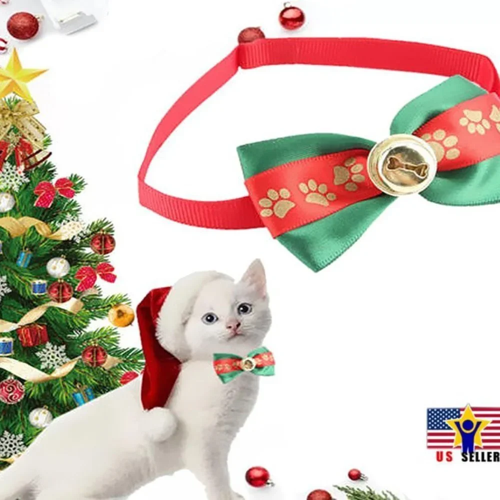 Christmas Dog Bell Bow Ties Cat Collar Pet Necktie Bowtie Ribbon Leash H…
